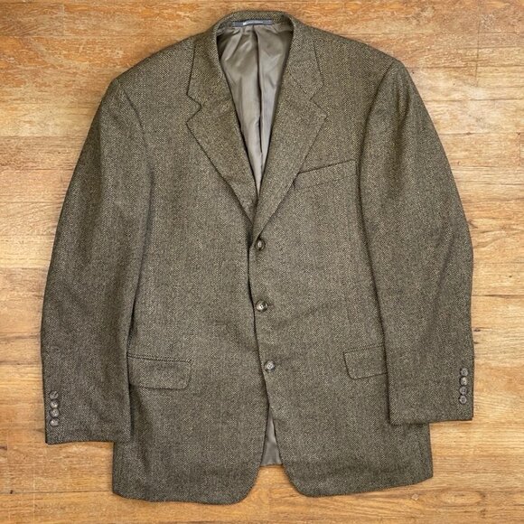 Vintage Mens Herringbone Tweed Wool Blazer Size 42R 90s Beige/Black/Green Jacket - Picture 1 of 6
